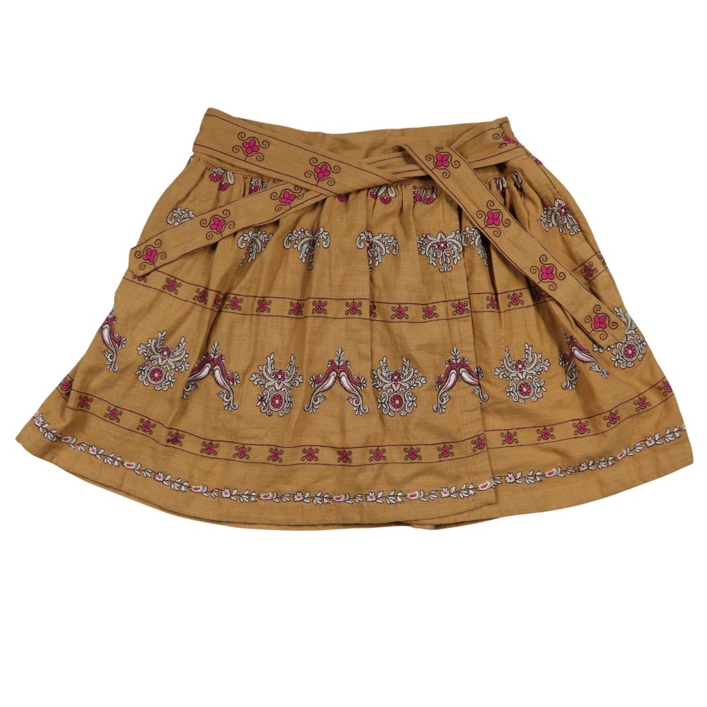 Anthropologie Meghan Embroidered Tie Waist Mini Skirt Orange Boho Sz‎ 14 NWT